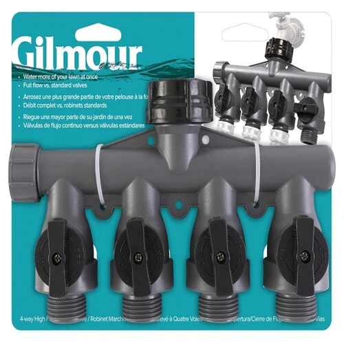 Gilmour Shut-Off Valve, 3 4 in, GHT, 4 -Port Way, 60 psi Pressure, Polymer Body
